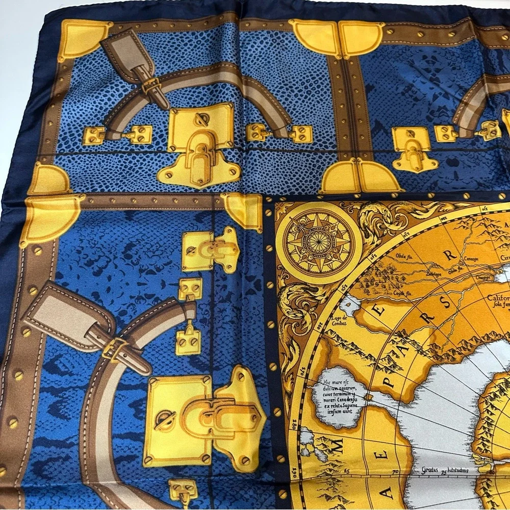 Larioseta Como Silk Scarf VINTAGE– World Map & Travel Trunks, Made in Italy